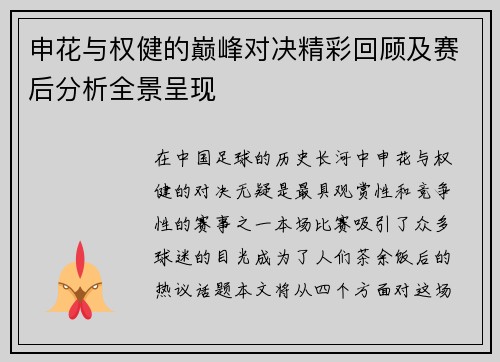 申花与权健的巅峰对决精彩回顾及赛后分析全景呈现